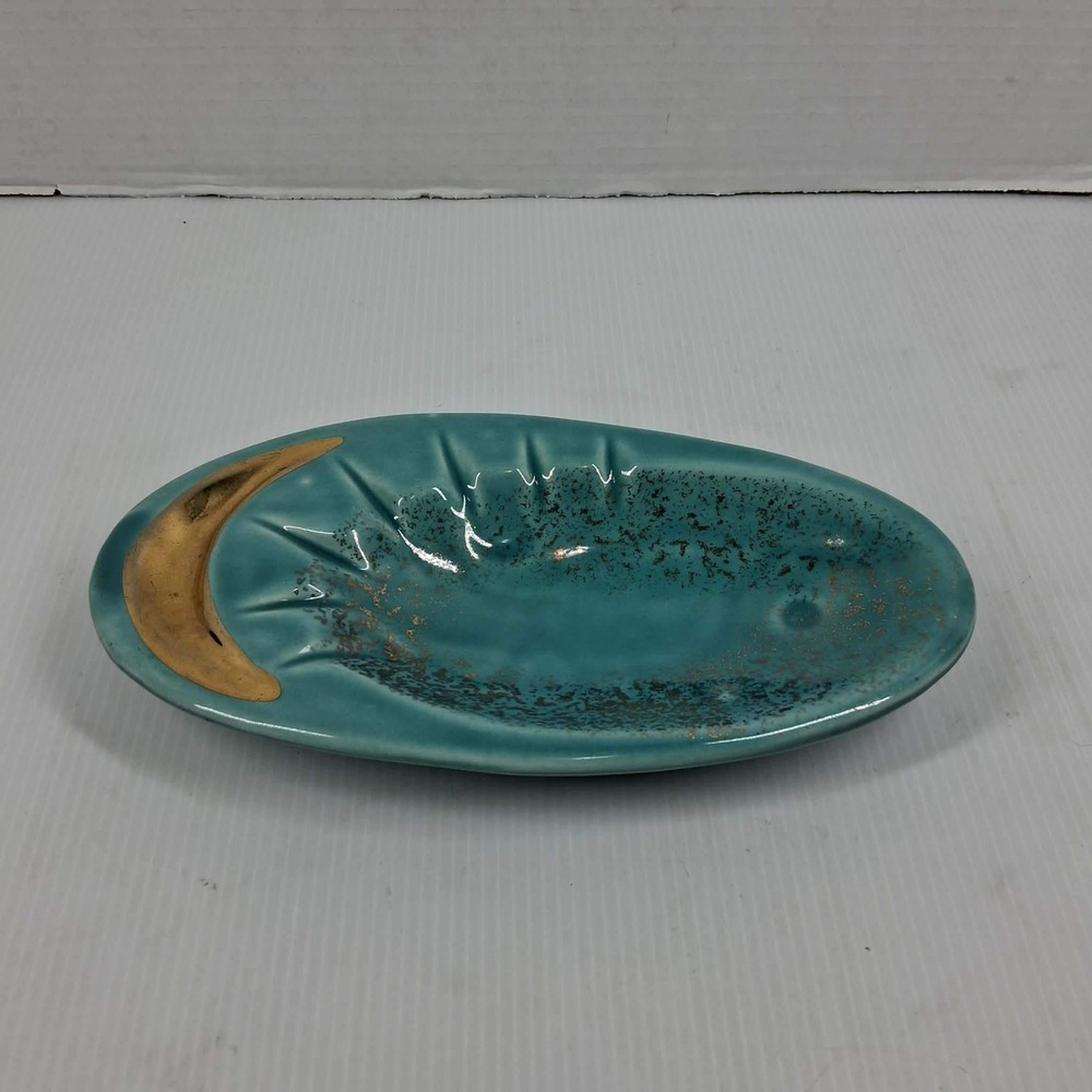Vintage Mid Century Modern Teal Gold Celestial Moon Ceramic Trinket Dish USA